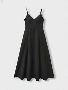Vestido midi elegante de mujer con cuello en V, vestido de tirantes de mezcla de lino con corte evasé y espalda descubierta, adecuado para vacaciones, playa, boda, fiesta de cóctel - Negro - Ver 5