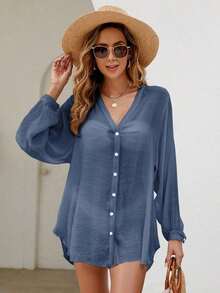 Holidaya Kimono unicolor con botón delantero - Azul - Ver 5