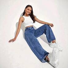 Women's Jeans Section: Women's Horseshoe-Shaped Barrel Jeans, Mid-Waist Wide-Leg Jeans, Loose Fit, Slim Tapered Leg Casual Jeans. - 中藍色 - 查看 3