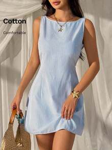 Vestido mini sin espalda y sin mangas con rayas azules tejido para mujeres - Azul y blanco - Ver 4