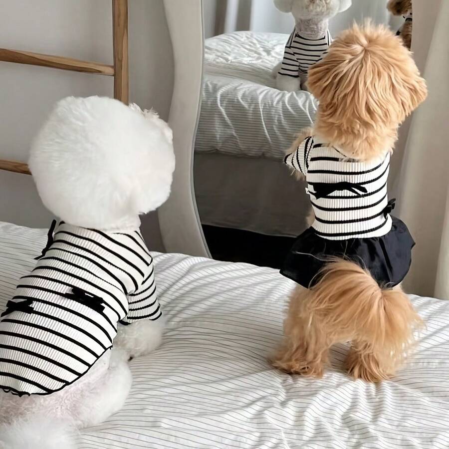 1件春夏新款条纹情侣蝴蝶结连衣裙,泰迪熊,博美犬服装,宠物猫条纹连衣裙,条纹短袖猫狗背心,夏季新款连衣裙,泰迪熊,约克郡,泰迪熊宠物狗服装 - 彩色 - 查看 1