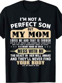 Elegante camiseta negra para uso diario, con llamativo texto en blanco y dorado - diseño humorístico 'No soy el hijo perfecto, pero mi mamá me quiere' - estilo casual y protector, un homenaje a las madres con un corazón de acero y un alma de oro - un regalo perfecto para que un hijo celebre a su madre. Camiseta de moda chic. - Negro - Ver 8