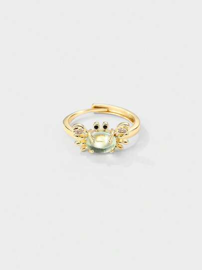 Kryxie 1pc Fancy Adjustable Mini Crab Ring For Women, Cute Vintage Summer Beach Style Copper Silver 18K Gold Plated Moonstone Light Blue Animal Rings Jewelry For Girls Daily And Party Occasions, Ideal Gift For Friends