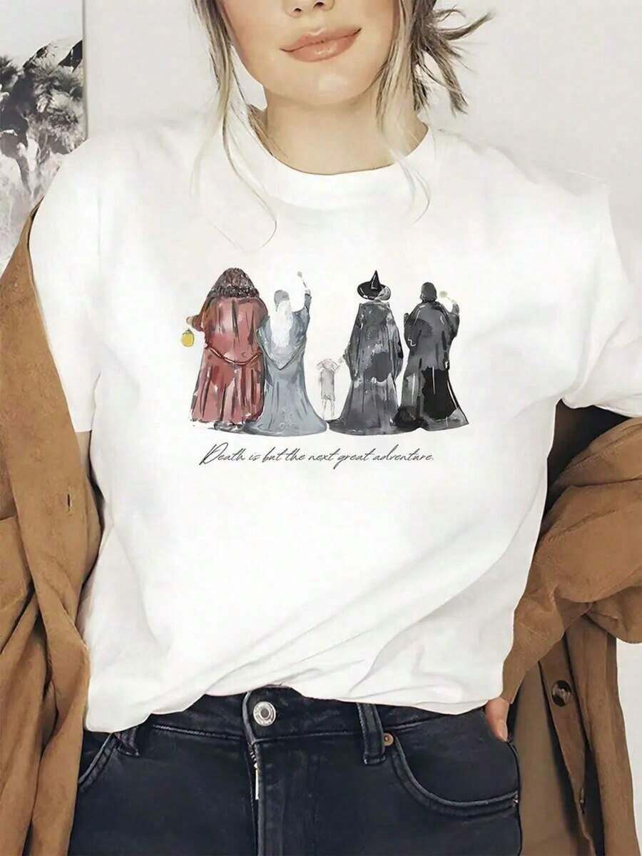Camiseta de mujer, casual, 100% algodón, manga corta, cuello redondo, estampado de mago, para primavera y verano, transpirable, top deportivo casual, regalo para vacaciones. - Blanco - Ver 1