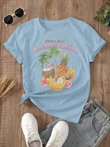 Summer T-Shirt With Fruit And Flower Graphic, Relaxed And Flattering Style. Loose-Fitting Youth T-Shirt With Strawberry, Lemon And Ice Cream Design, Flirty Style To Pair With Shorts. - YH425-藍色 - 查看 2