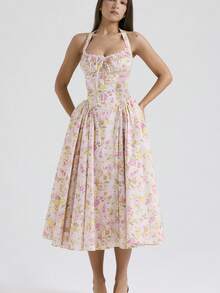 Vestido largo tirantes ajustable con estampado elegante estilo europeo - Rosa Pálido - Ver 2