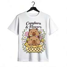 Tops para mujer con Estampado de Capibara y Flores para Mujer,  Casual de Algodón con Cuello Redondo y Manga Corta, Corte Regular con Elasticidad Media - Blanco - Ver 2