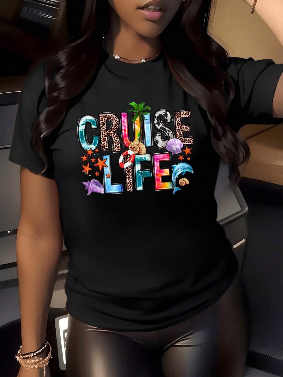 Cruise Life With Palm Trees, Snails, Starfish And Shells That Evoke The Freedom Of The Ocean And Tropical Adventure, A Stylish Casual Women's T-Shirt For Summer - 黑色 - 查看 1