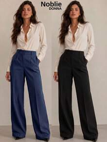 Set Of 2 Tailored Wide Leg High-Waisted Palazzo Pants, Elegant, With Front Button - 1件黑色 1件藏青色 - 查看 1
