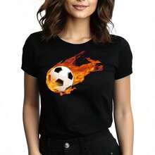 Tops para mujer Casual de Algodón para Mujer, Cuello Redondo, Manga Corta, con Estampado de Balón de Fútbol, Ajuste Elástico para Entusiastas del Deporte - Negro - Ver 6