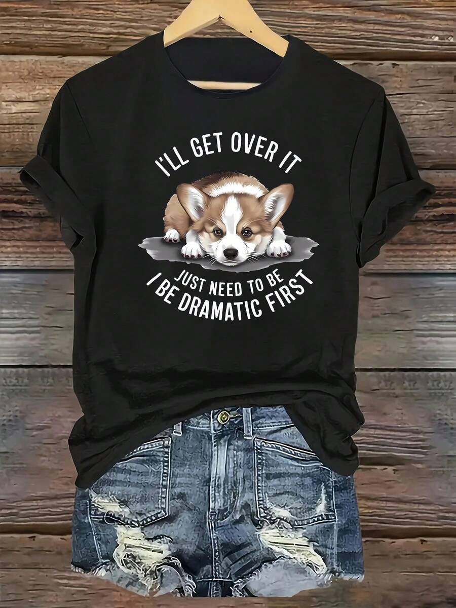 1 Piece Of Women's Casual Short-Sleeved Crew Neck T-Shirt From The Sports Series, Featuring A Cute Corgi Print And The Phrase "I'll Get Through This, I Just Need To Work Harder," 100% Cotton. Women's Warm Clothing - 黑色 - 查看 1
