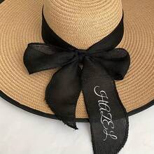 Customized Large Brim Straw Hat, Can Add Text, Name, Or Phrase Heat-Pressed On Detachable Bow, 2-Way Wear, Fashion Accessory Suitable For Street, Beach, Camping, Travel, Sightseeing, Personalized Summer Sun Hat, Great Gift For Mom Or Girlfriend - Multicolor - View 8