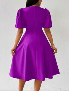 Vestido verde de manga abullonada larga, cuello en V, cintura recogida y bajo acampanado, para primavera y verano - Morado Violeta - Ver 2