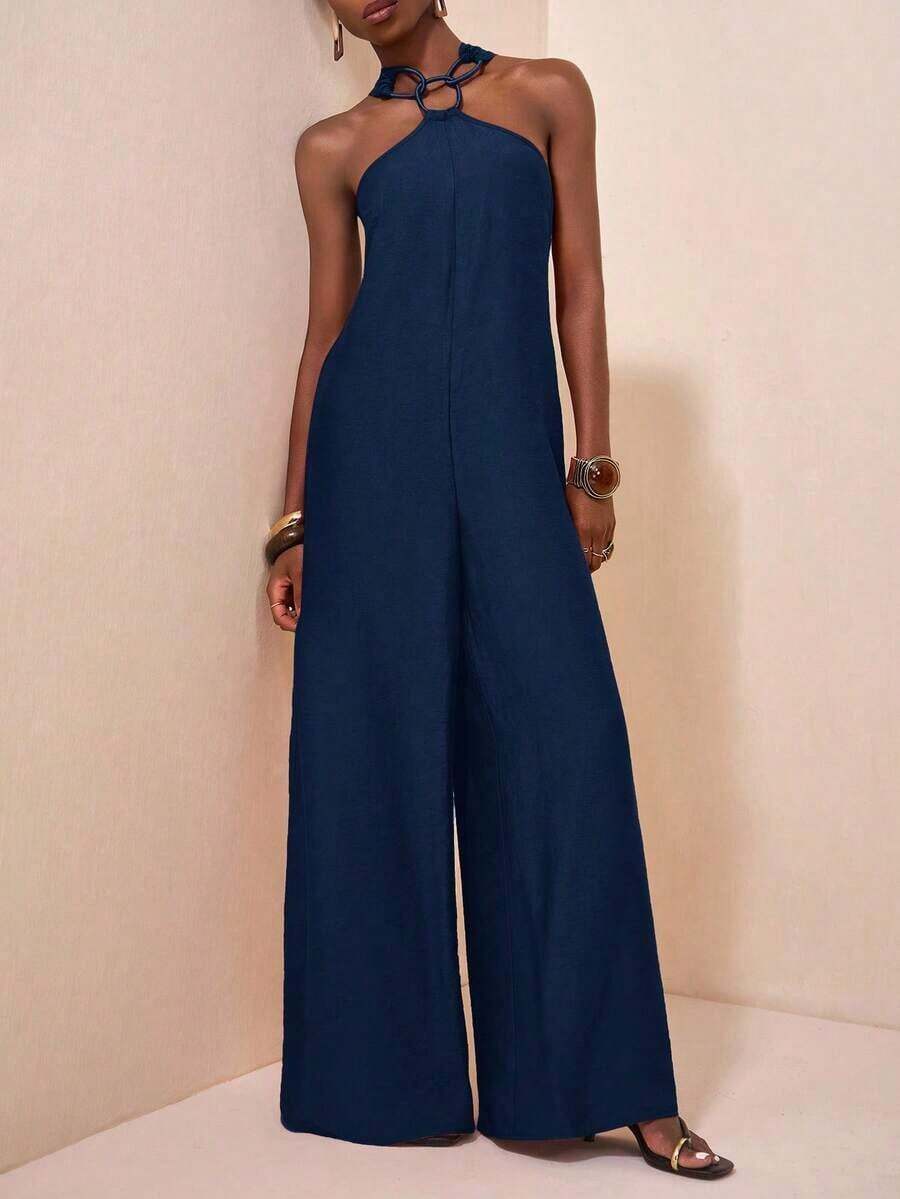 Mono de pierna ancha de unicolor y redondo conectado de moda para mujer - Azul marino - Ver 1