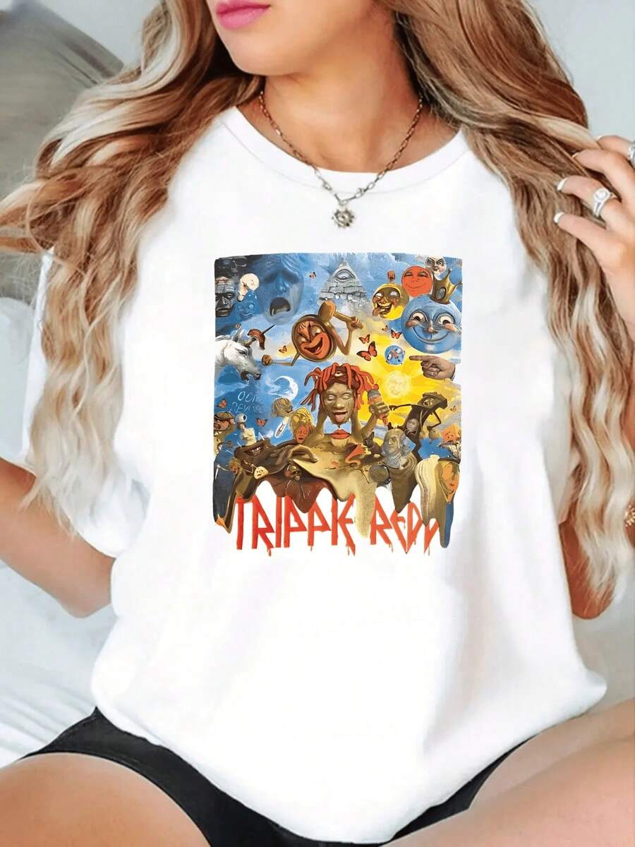 Trippie Redd Lifes Women's Valentine's Day T-Shirt, 220g Thick Pure Cotton Crew Neck T-Shirt For Women (1 Piece) Loose Fit, Casual And Versatile Y2k T-Shirt Shirt - 白色 - 查看 1
