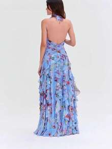 Vestido Largo Estilo Chic con Estampado, Volantes y Cintas, Fiesta Elegante - Azul - Ver 3