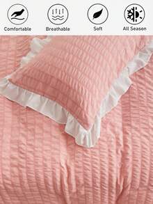 1pc Soft Pink Bubble Gauze Pillowcase, White Ruffle Edge Cute Romantic Pleated Texture Decorative Throw Pillow Cover, Breathable & Machine Washable, No Filling Included - Pink - View 2