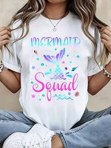 Camiseta Moderna y Minimalista para Mujer con Estampado de Sirena y Elementos Marinos Coloridos para Fiestas en la Playa y Atuendos Casuales de Verano - Blanco - Ver 7