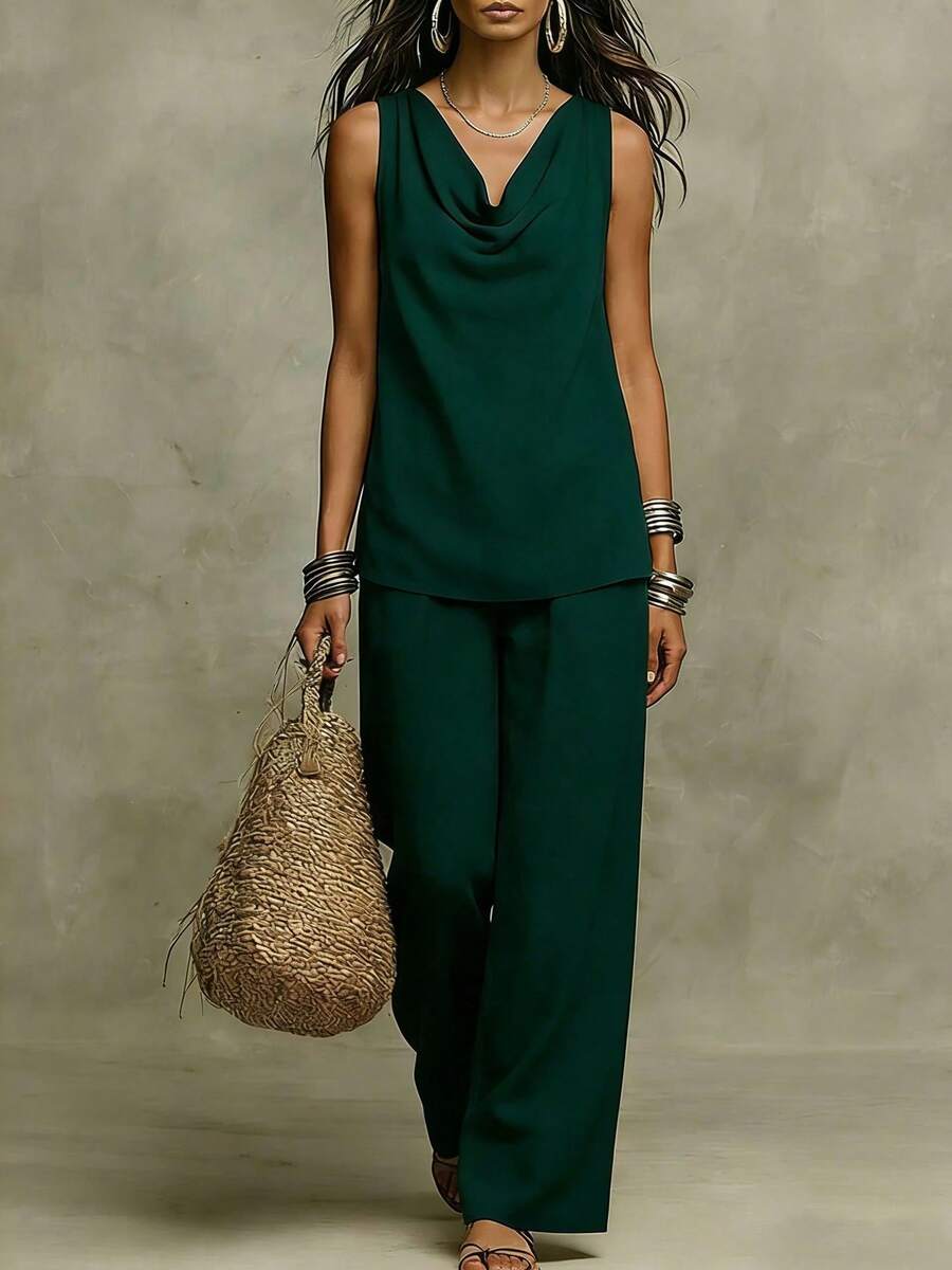 Nuevo 2026 Conjunto Dos Piezas Mujer Cuello Drapeado Chaleco Sin Mangas y Pantalones Casual - Verde Oscuro - Ver 1