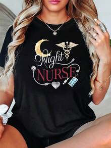 Camiseta de manga corta con cuello redondo para mujer con estampado de Night Nurse, estilo vintage urbano, unisex, de algodón suelto, para primavera/verano, compras casuales, vacaciones, regalo navideño, atuendo para reuniones de amigos. - Negro - Ver 1