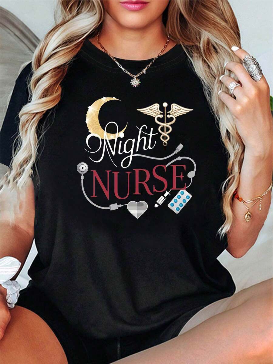Camiseta de manga corta con cuello redondo para mujer con estampado de Night Nurse, estilo vintage urbano, unisex, de algodón suelto, para primavera/verano, compras casuales, vacaciones, regalo navideño, atuendo para reuniones de amigos. - Negro - Ver 1