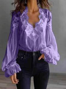 Plus Size Women's Lace Trim V-Neck Blouse, Long Sleeve Ruffle Cuff Chiffon Top - 紫色 - 查看 1