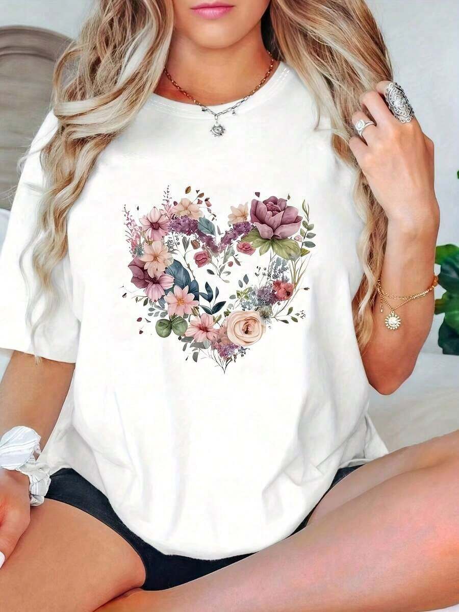 Ropa de mujer: Camiseta de manga corta para mujer con estampado de corazones y flores, cuello redondo, corte holgado, ropa de mujer moderna, lavable a máquina. Blusas Bonito 100% Algodón - Blanco - Ver 1