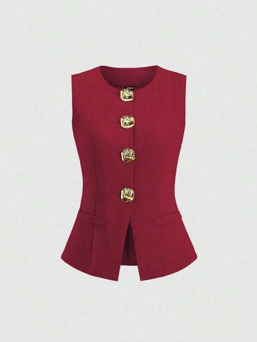 delgado sin mangas para mujer con botones metálicos grandes de estilo minimalista francés - Burdeos - Ver 1