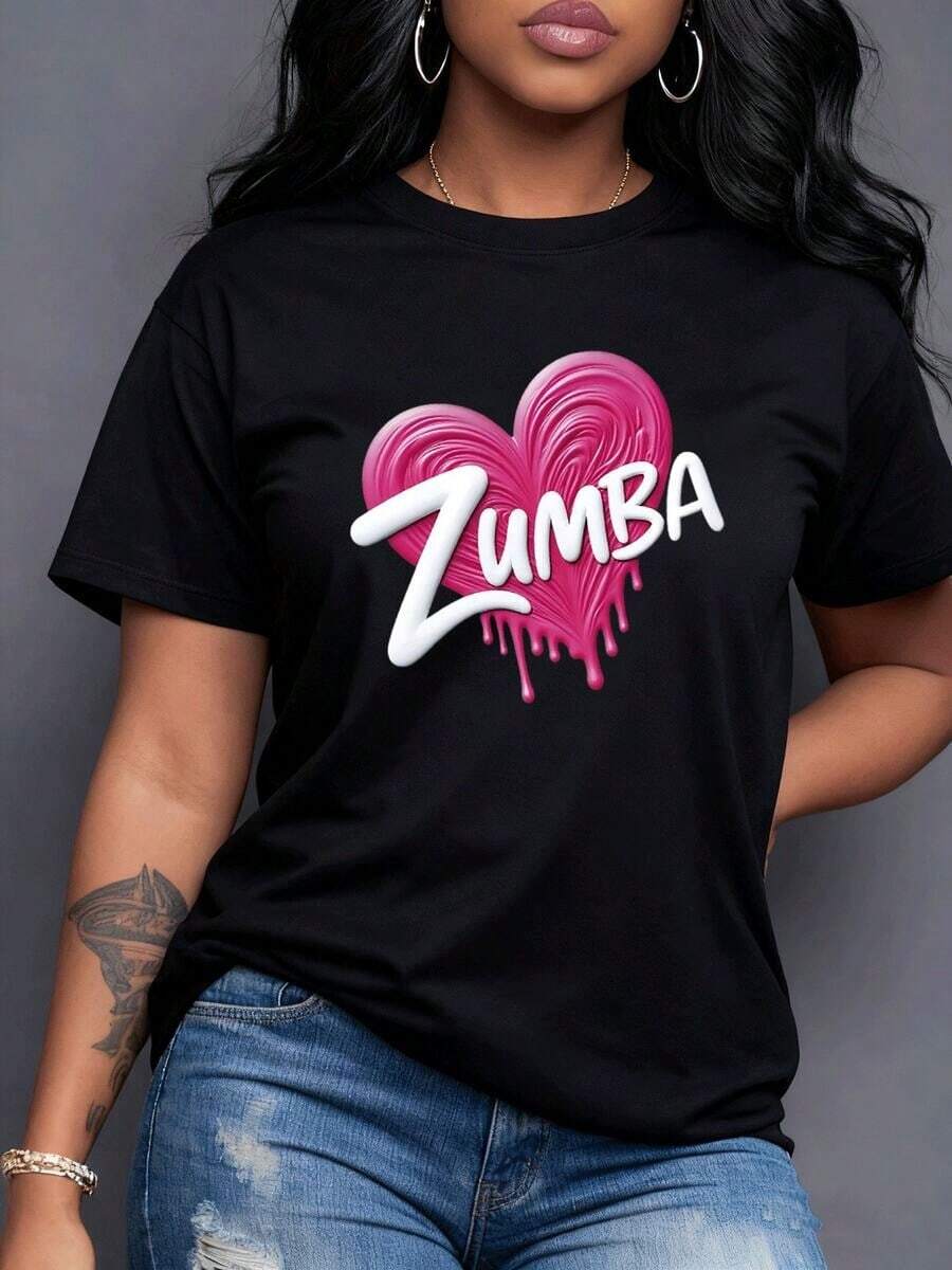 Corazón rosado vibrante con '' blanco y goteo simboliza pasión energía ritmo alegría movimiento y vitalidad del baile fitness para entusiastas Camiseta de mujer -Vintage Street Style Unisex Loose Cotton Short Sleeve Crew Neck-Shirt - Negro - Ver 1