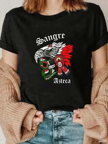1 Piece Of Women's Blouse, Beautiful Blouses For Women, Women's Clothing Sets, High-Quality Black And White  T-Shirt With Skull And Eagle Print, Round Neck, Basic Loose Fit, Breathable, Versatile, Machine Washable, Comfortable, Size S-3XL, Essential For Daily, Casual And Sporty Summer Wear. - 黑色 - 查看 2