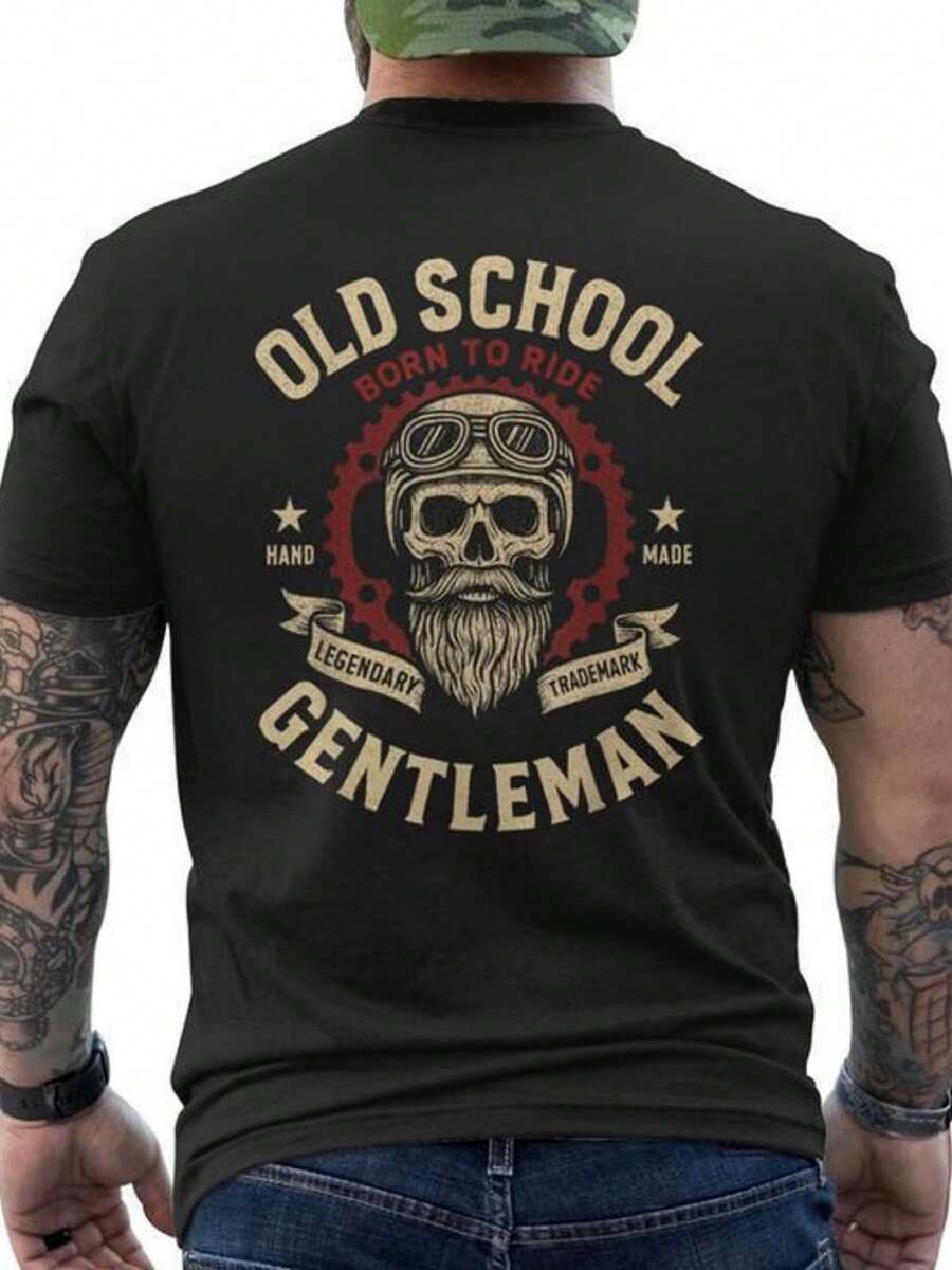 Men's Retro Motorcycle Themed T-Shirt Featuring A Skull On The Back And 'Born To Ride' Design, Perfect For Cycling Enthusiasts And Everyday Wear. - Black - View 1