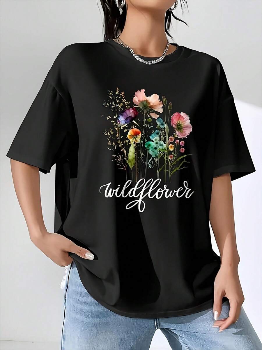 Camisa de Mujer con Estampado de Flores Silvestres - Top Casual de Manga Corta y Cuello Redondo, Estampado Floral Brillante, Ligera y Cómoda, Adecuada para Primavera y Verano. - Negro - Ver 1