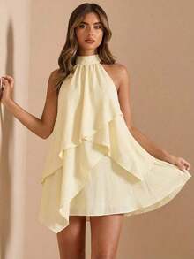 Vestido de satén de línea A con escote halter y espalda descubierta de unicolor amarillo/crema, adecuado para primavera/verano, vacaciones, playa, invitada elegante de boda, fiestas, ocasiones de otoño/invierno, Navidad elegante, Halloween - Amarillo - Ver 3