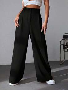 Pantalones casuales y versátiles de cintura alta con pierna ancha de unicolor - Negro - Ver 7