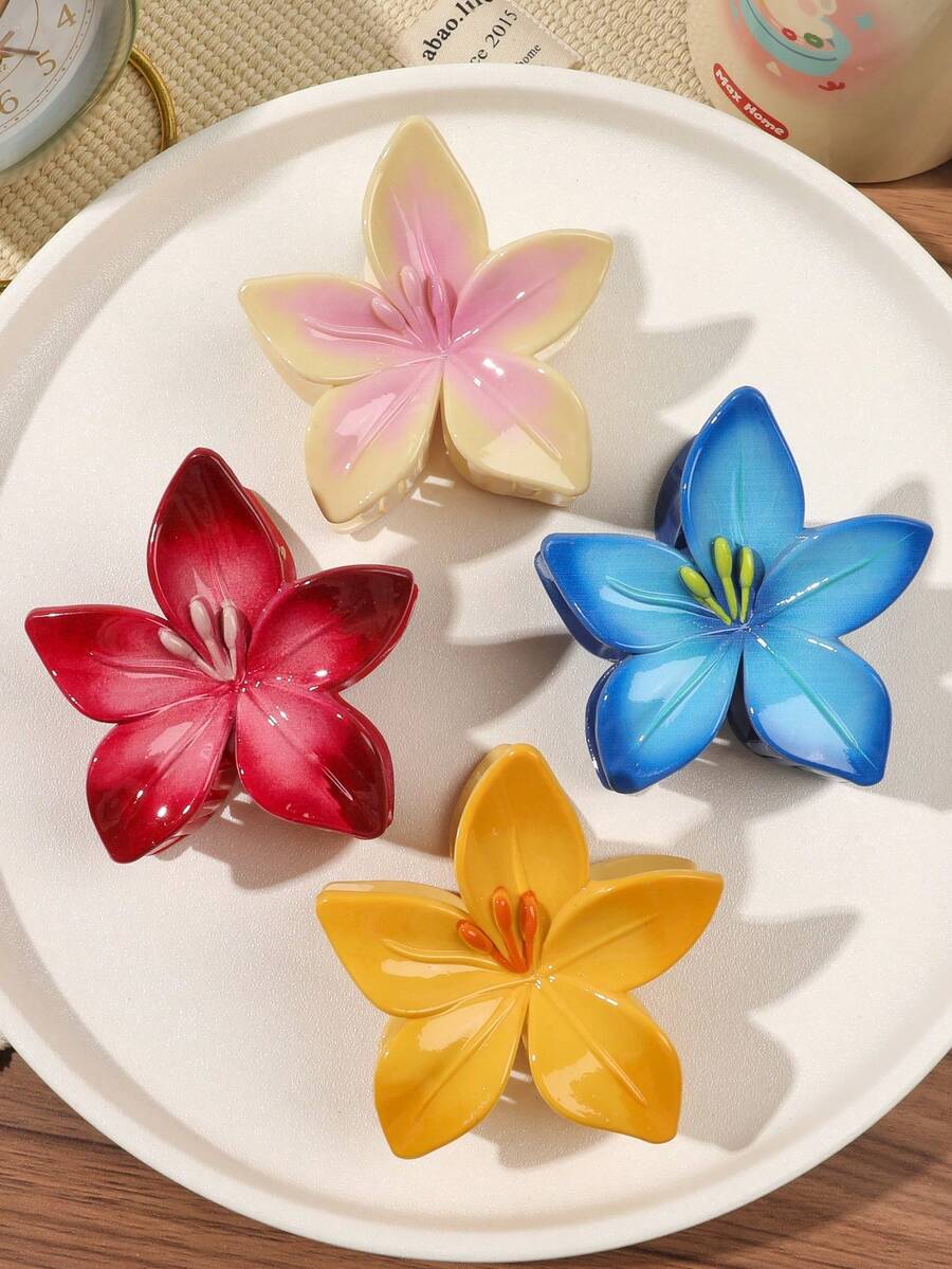 4入漸層色花朵髮夾,含黃色、橘色、藍色、粉色,適用於髮髻、馬尾、瀏海,甜美清新風格,適合旅行、約會、購物、下午茶,夏季度假髮飾抓夾 - 彩色 - 查看 1