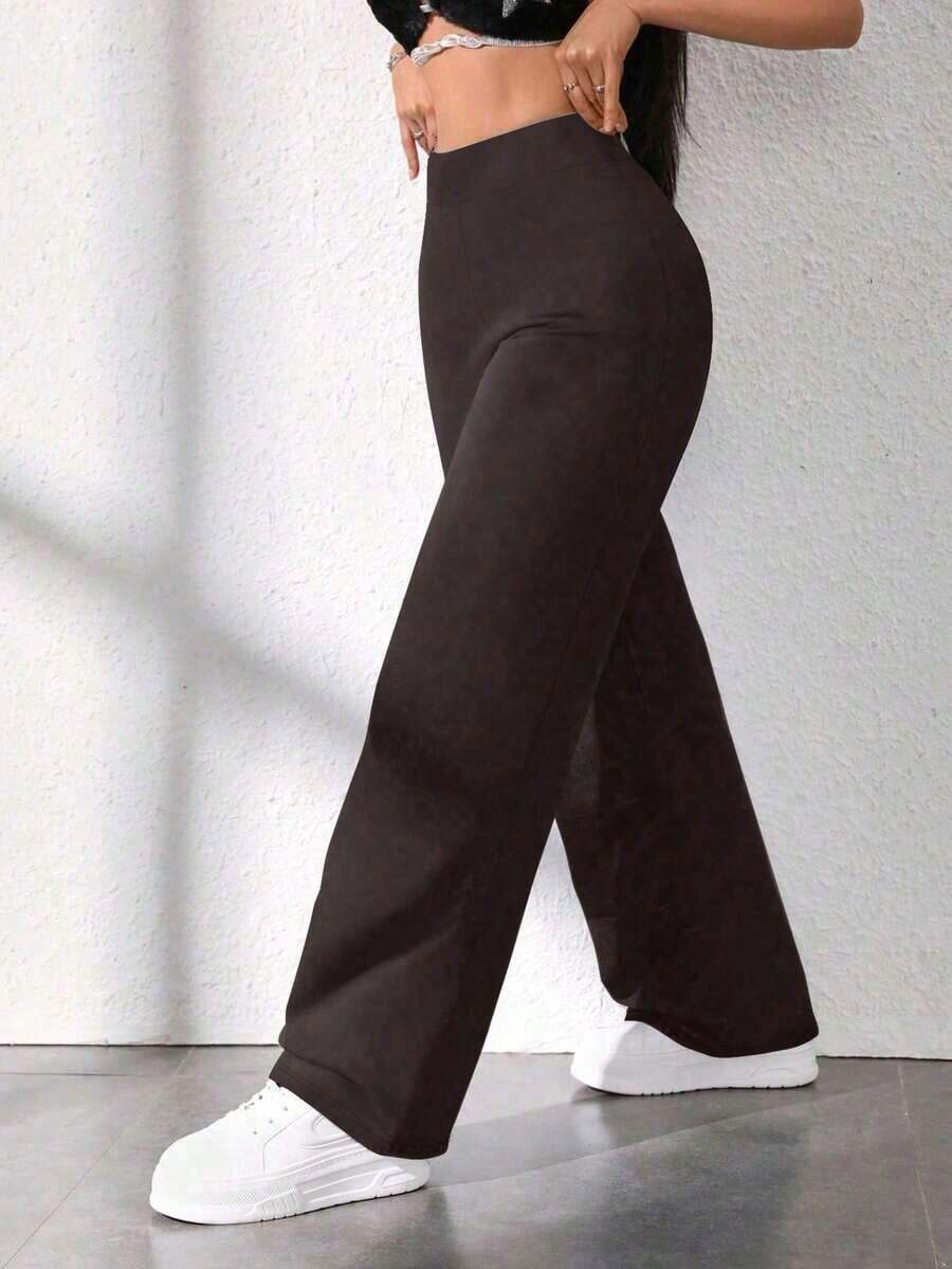 Pantalones rectos sueltos de cintura alta de unicolor casual para mujer, negro - Marrón - Ver 1