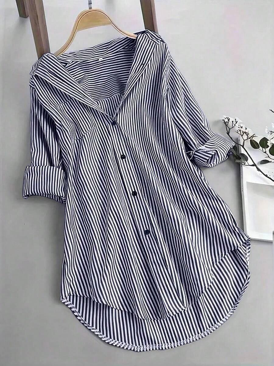 Camisa de mujer de solapa única con rayas y bajo irregular, blusas de manga larga - Azul marino - Ver 1