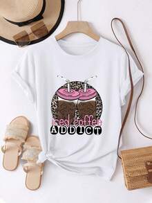 Camiseta de mujer, cómoda y casual, de manga corta y cuello redondo, con estampado de leopardo y diseño de taza de café helado, divertida y elegante, de longitud regular, adecuada para todas las estaciones, moda diaria para la ropa femenina de primavera y verano. - Blanco - Ver 6
