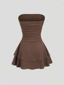 Vestido mini de punto sin tirantes de unicolor minimalista para mujer, vestido de pastel de múltiples capas - Marrón Mocha - Ver 2