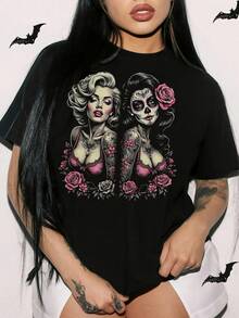 Halloween Gothic Skull Print T-Shirt, Short Sleeve Crew Neck T-Shirt, Comfortable And Casual For Spring/Summer, Women's Clothing, Holiday Gift. - 黑色 - 查看 6