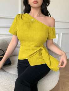 Blusa casual elegante de hombros con nudo, de corte slim para mujeres - Amarillo - Ver 5