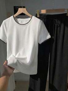2 piezas Conjunto de top de manga corta con estampado floral bordado falso y rayas y pantalones a rayas, atuendo casual adecuado para el uso diario, citas, fiestas, otoño/invierno/verano, Navidad, Año Nuevo, Acción de Gracias, fiestas, bodas, - Multicolor 13 - Ver 4