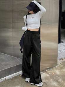 Pantalones casuales de pierna ancha con cordón en contraste y ribeteamionto - Negro 2 - Ver 4