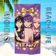 Hasbro Toalha de Praia Estampada com Lightstick K-POP em Fundo Roxo com Laço Dourado - Super Absorvente e de Microfibra, Macia e Agradável à Pele, Secagem Rápida e Respirável, Lavável à Máquina, Ideal para Praia, Piscina, Yoga, Viagens, Estilo Doce e Descolado, Perfeita para Presentear ou Usar. - A - Ver 3