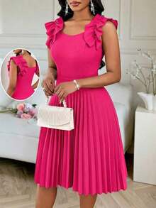 Vestido mini de fiesta con estampado floral y pliegues a la moda para mujer - Rosa Fucsia - Ver 7