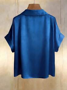 Blusa de satén color champán con escote en V y diseño de botones de perla, de manga corta, elegante para primavera/verano - azul real - Ver 2