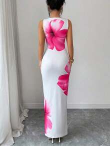 Vestido largo de mujer de vestido de escote con estampado de teñido anudado, vestido de verano largo, vestido largo verde maxi para outfit de mujer - Blanco - Ver 2