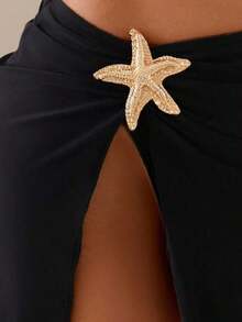 1 pieza Accesorio con estampado de estrella de mar sexy en un lado para cubrir traje de baño de mujer, para vacaciones en la playa, de un solo color y con abertura - Negro - Ver 5