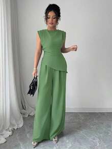 blusas sin mangas de cuello redondo con textura y pliegues de unicolor para mujer - verde menta - Ver 6