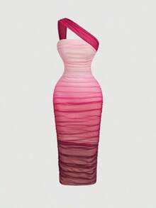 Vestido de malla de longitud media con un hombro, fruncido y efecto ombré - Rosa Fucsia 2 - Ver 1